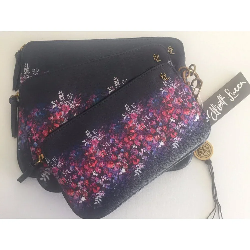 Elliott Lucca Set of 3 Artisan Floral Bouquet Indigo Blue Cosmetic Bags NEW